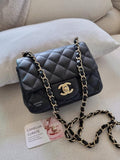 Chaanel mini square caviar black gold bag with box