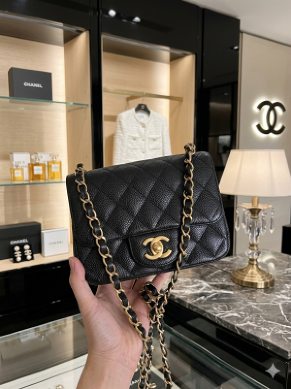 Chaanel mini square caviar black gold bag with box