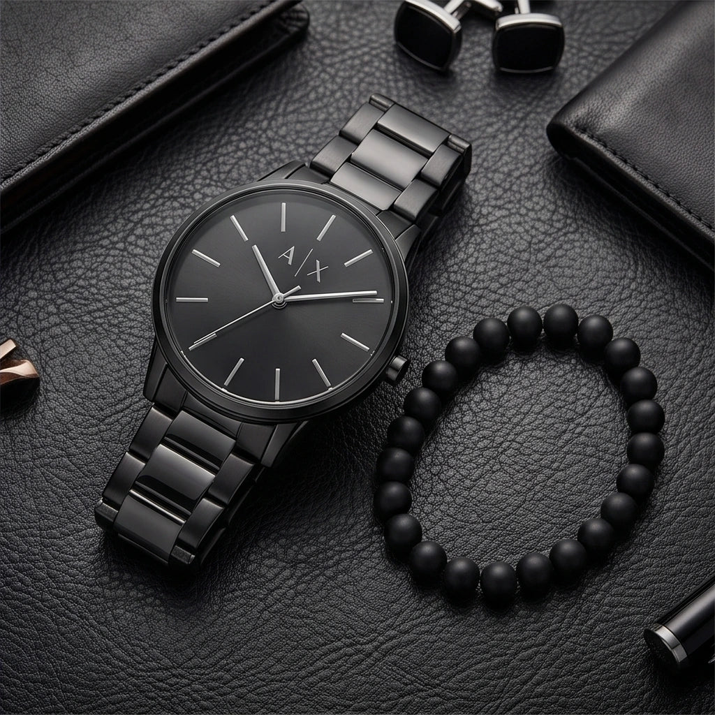 Armani Exchange Men`s Black Watch and Beaded Bracelet Set