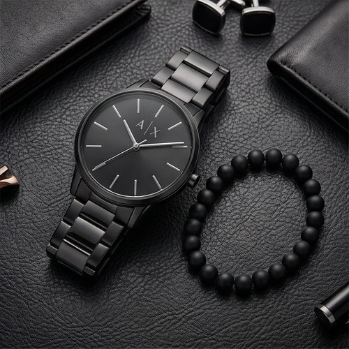 Armani Exchange Men`s Black Watch and Beaded Bracelet Set