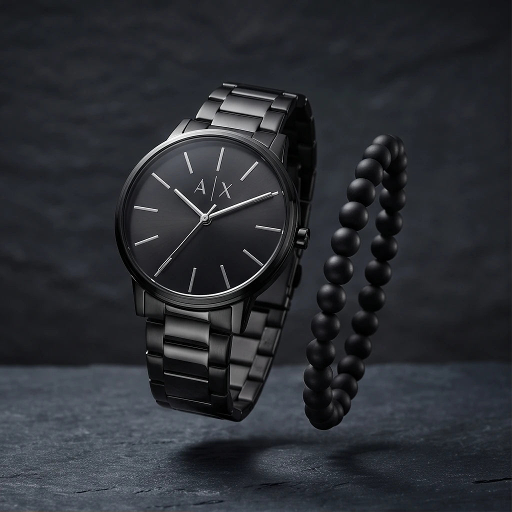 Armani Exchange Men`s Black Watch and Beaded Bracelet Set