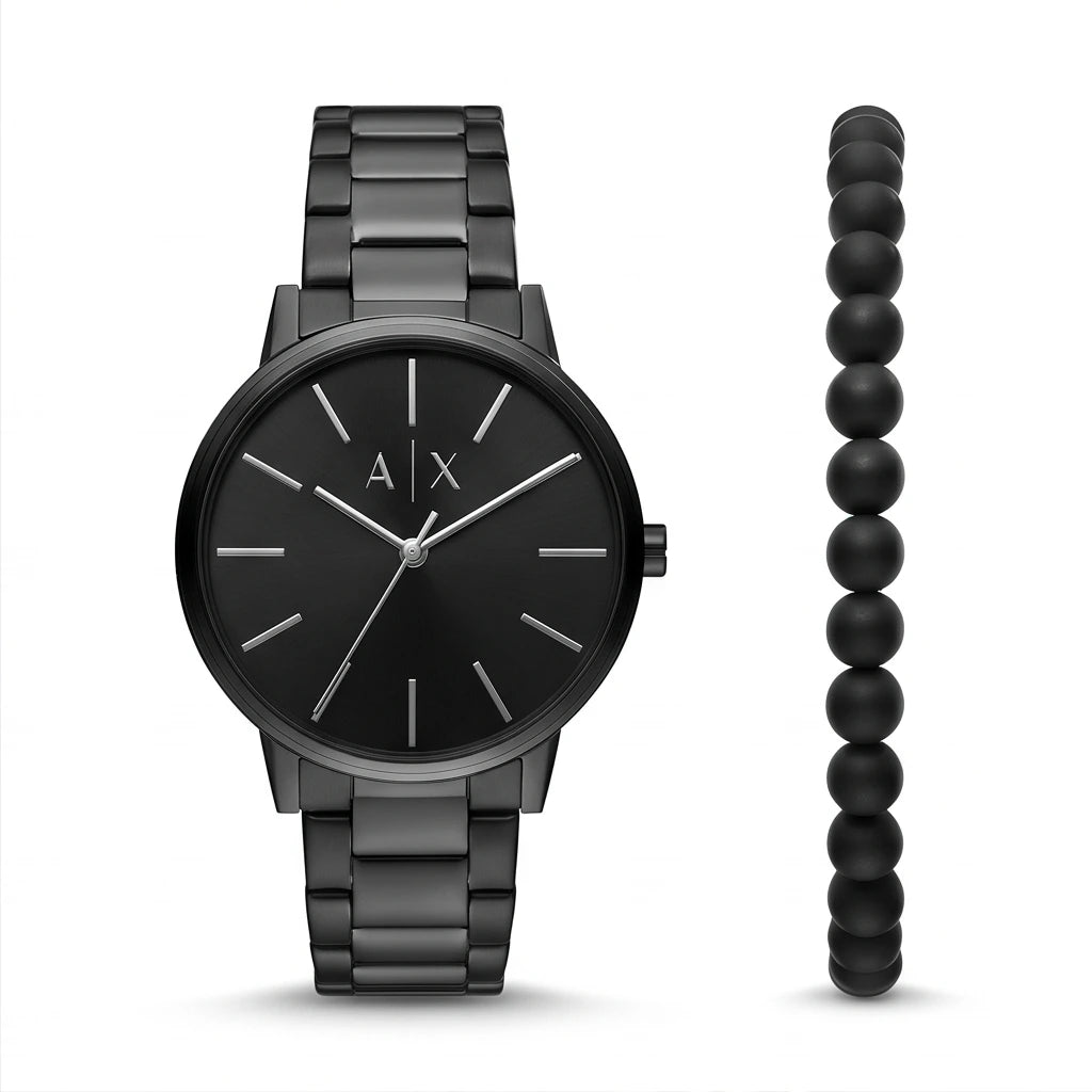 Armani Exchange Men`s Black Watch and Beaded Bracelet Set
