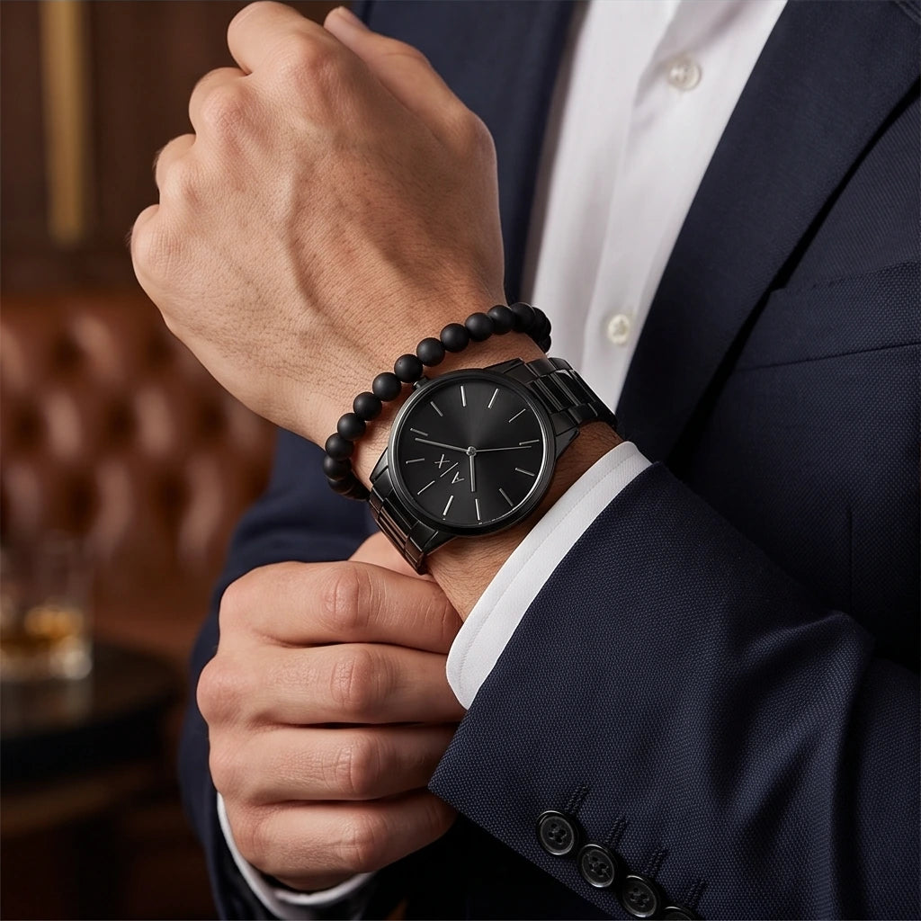 Armani Exchange Men`s Black Watch and Beaded Bracelet Set