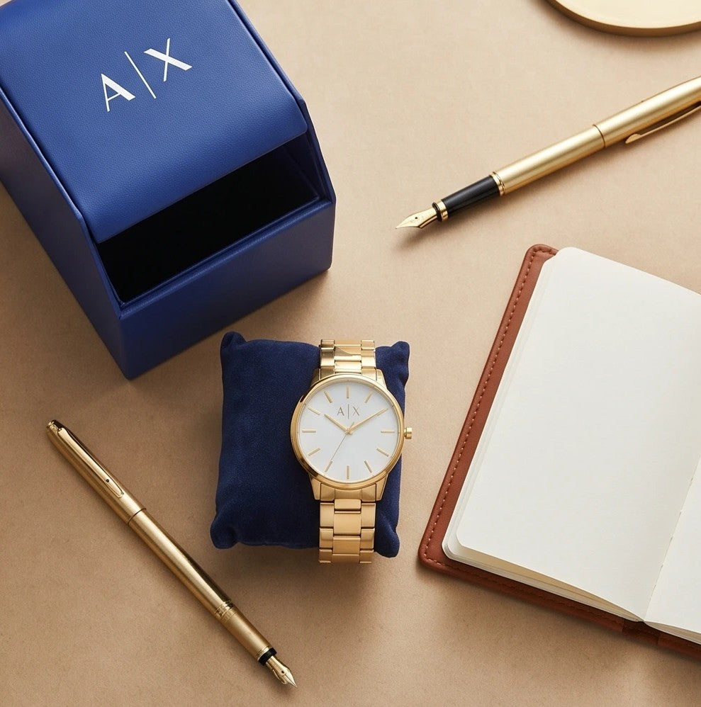 Armani Exchange Men`s White and Gold Watch