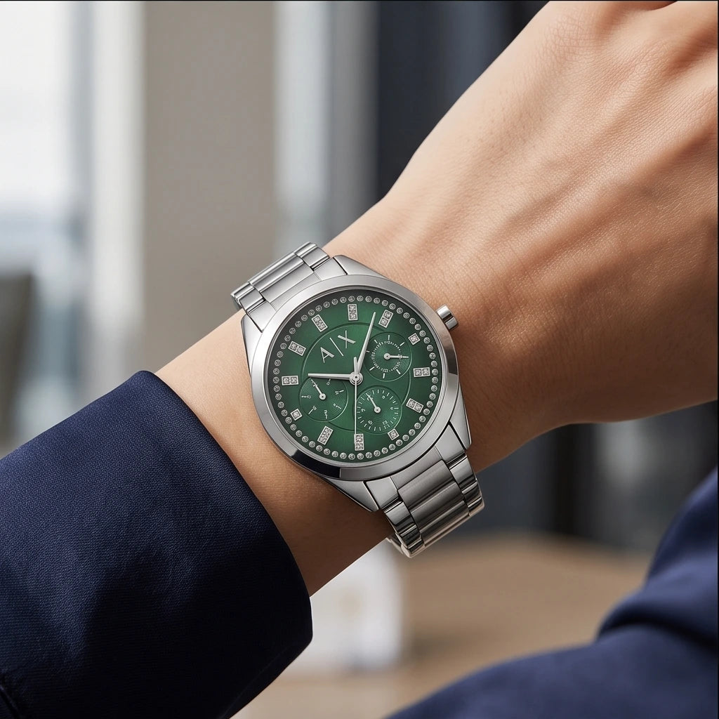 Armani Exchange Women Silver and Green Watch
