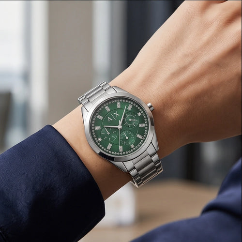 Armani Exchange Women Silver and Green Watch
