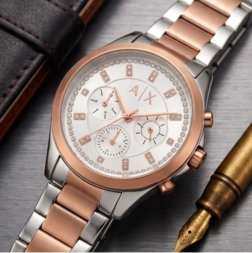 Armani Exchange Women Silver and Rose Gold Watch