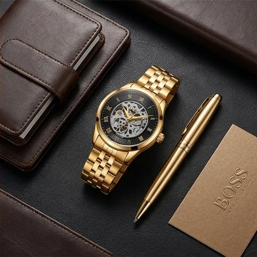 Boss Men`s Black Dial Gold Watch