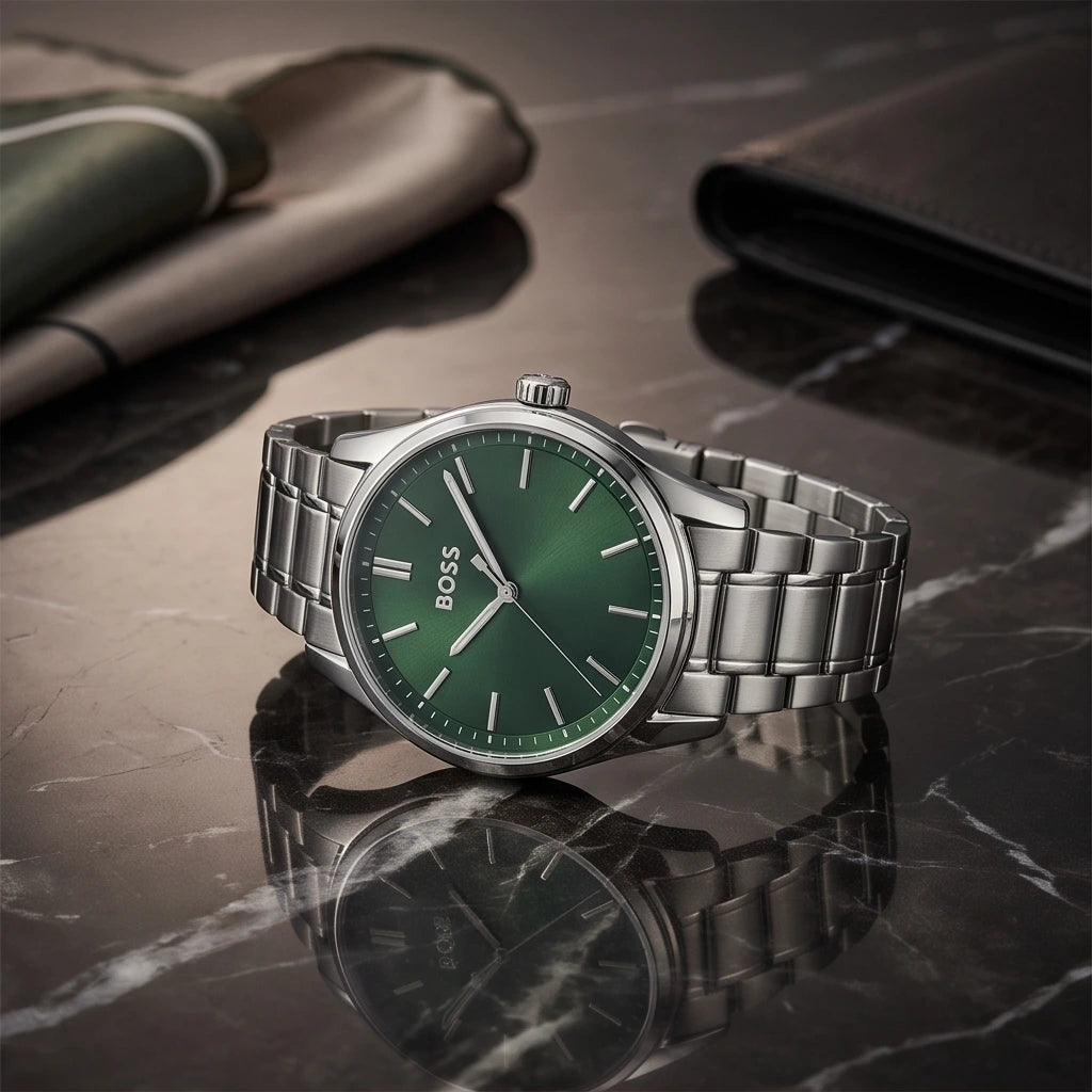 Boss Men`s Dark Green Dial Silver Watch