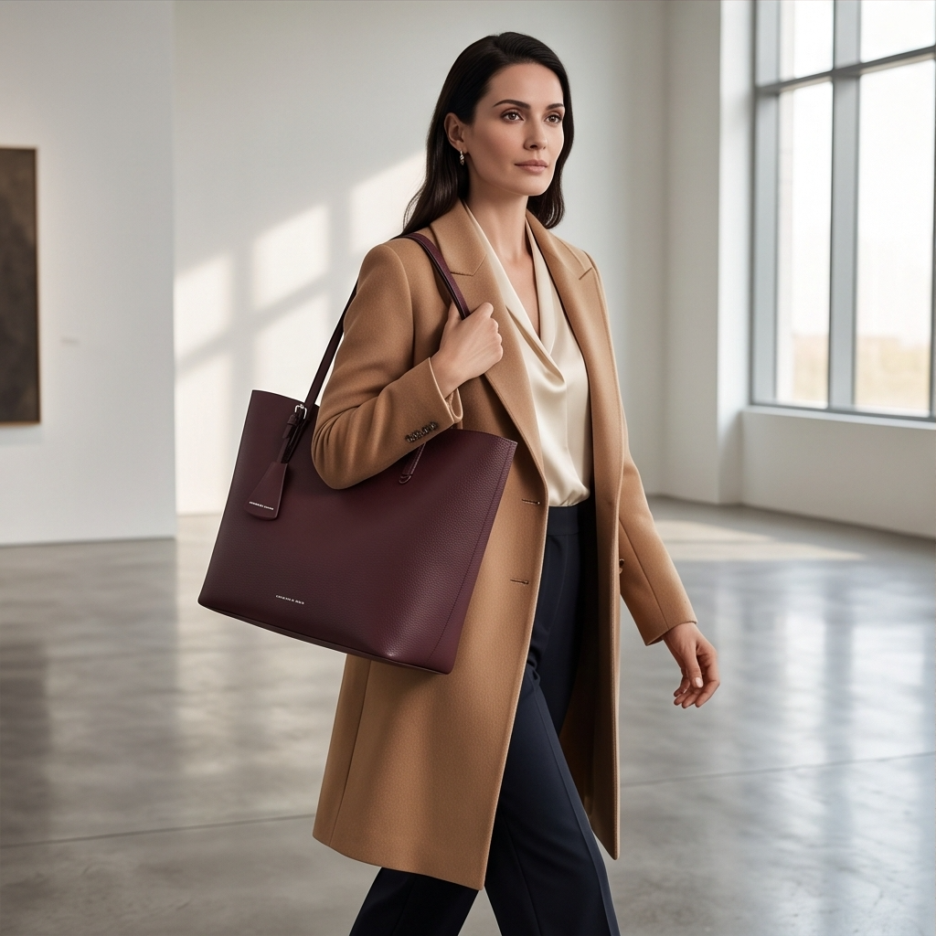 Women's Burgundy Textured Leather Shopper Bag