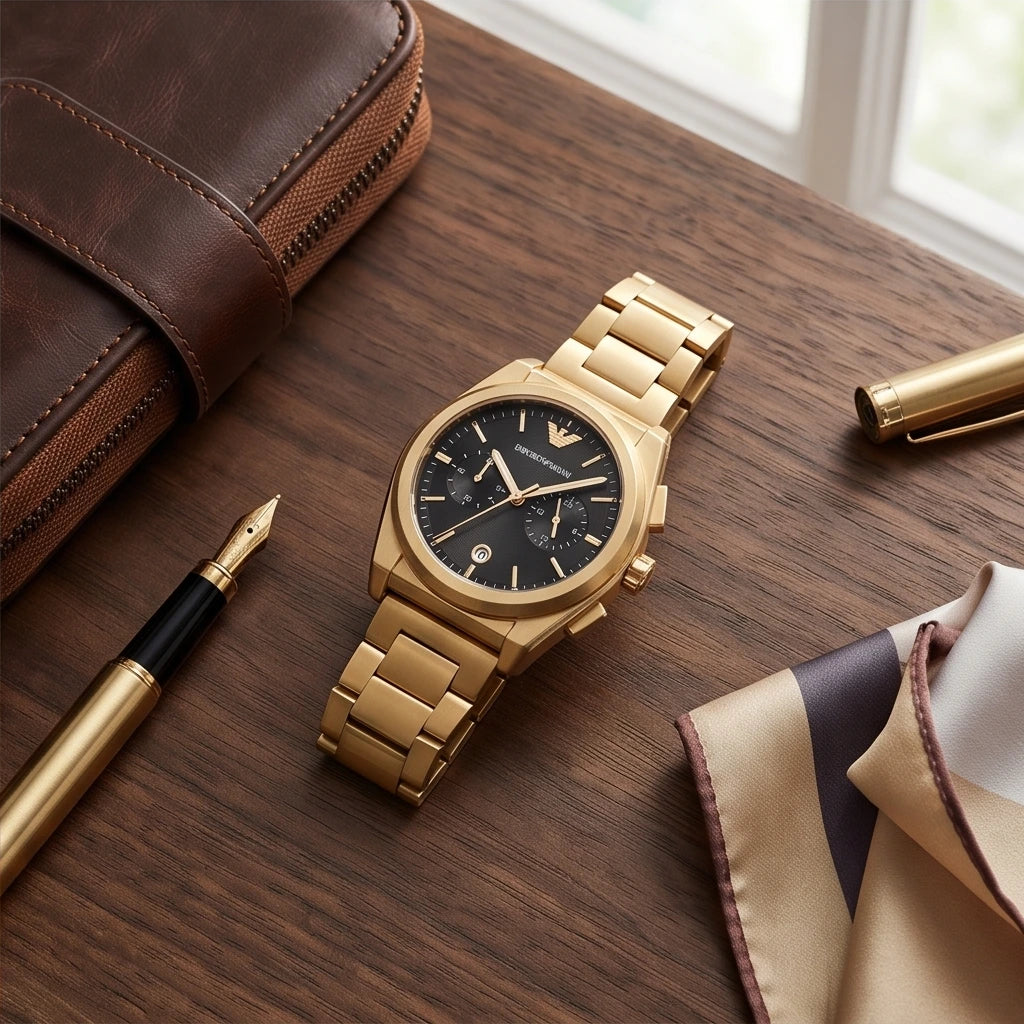 Emporio Armani Men`s Black Dial and Gold Watch