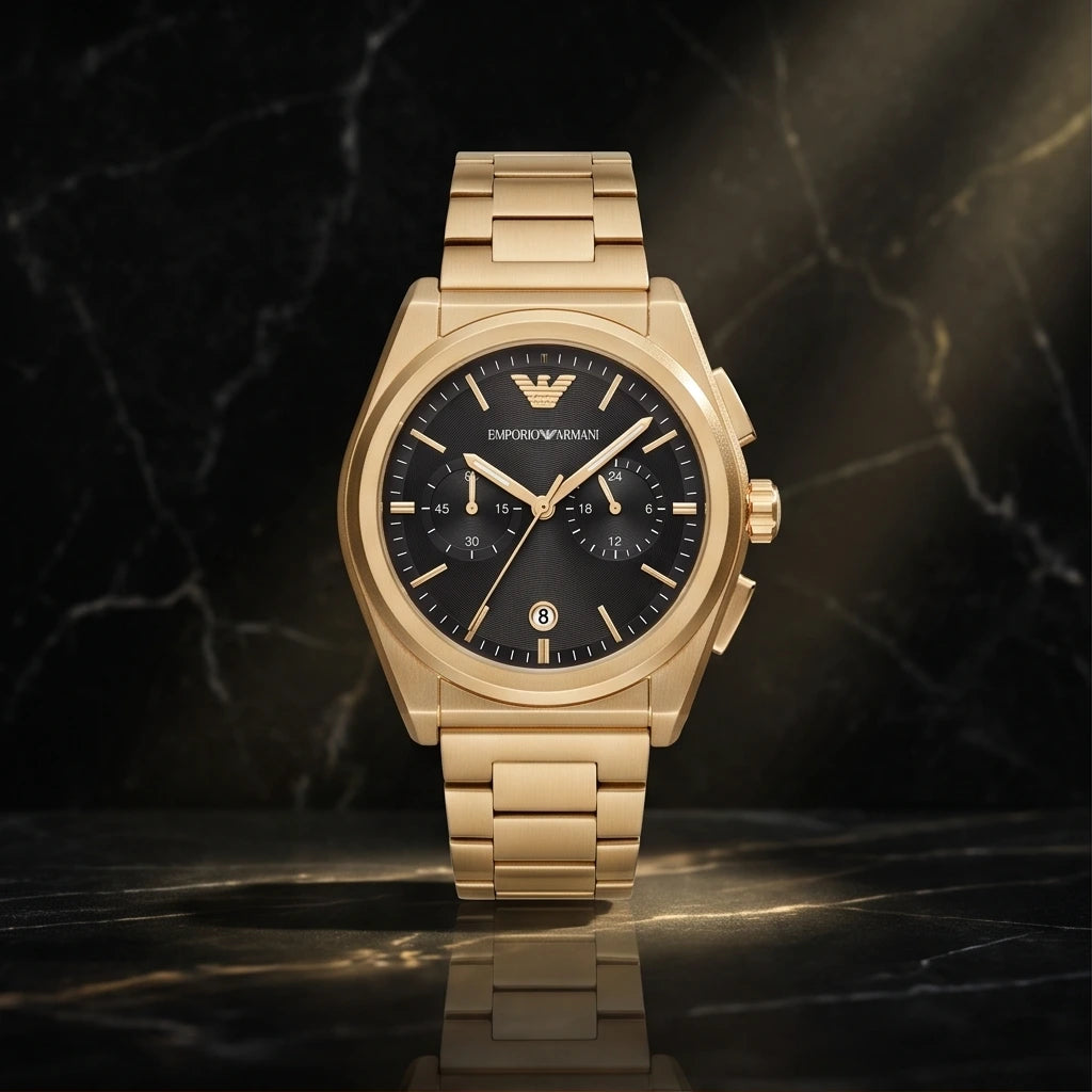Emporio Armani Men`s Black Dial and Gold Watch